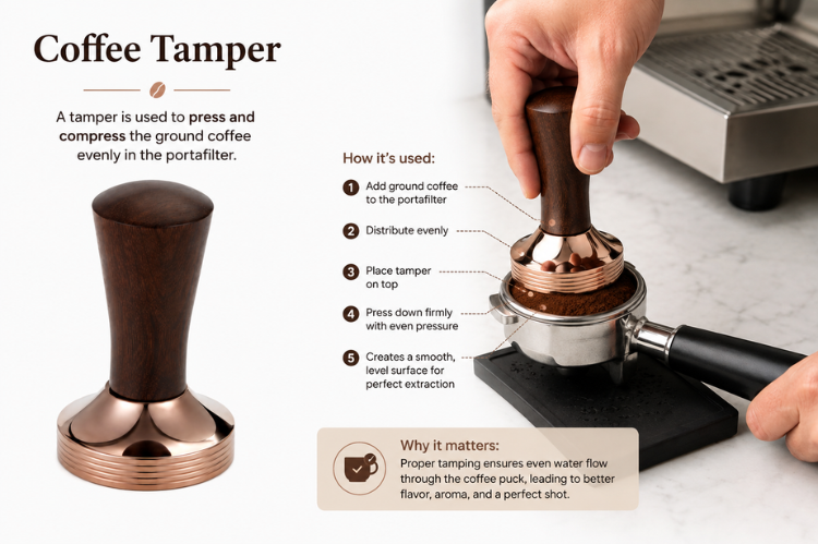 Three One Wodden Handle Tamper with Rosegold base 58mm